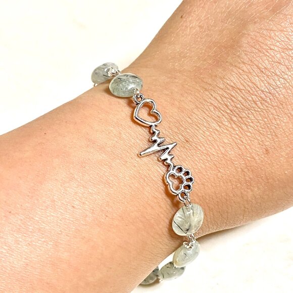 2/$20, Pale Green Prehnite Bracelet, Genuine Gemstone + Paw Print Heartbeat - Picture 7 of 11